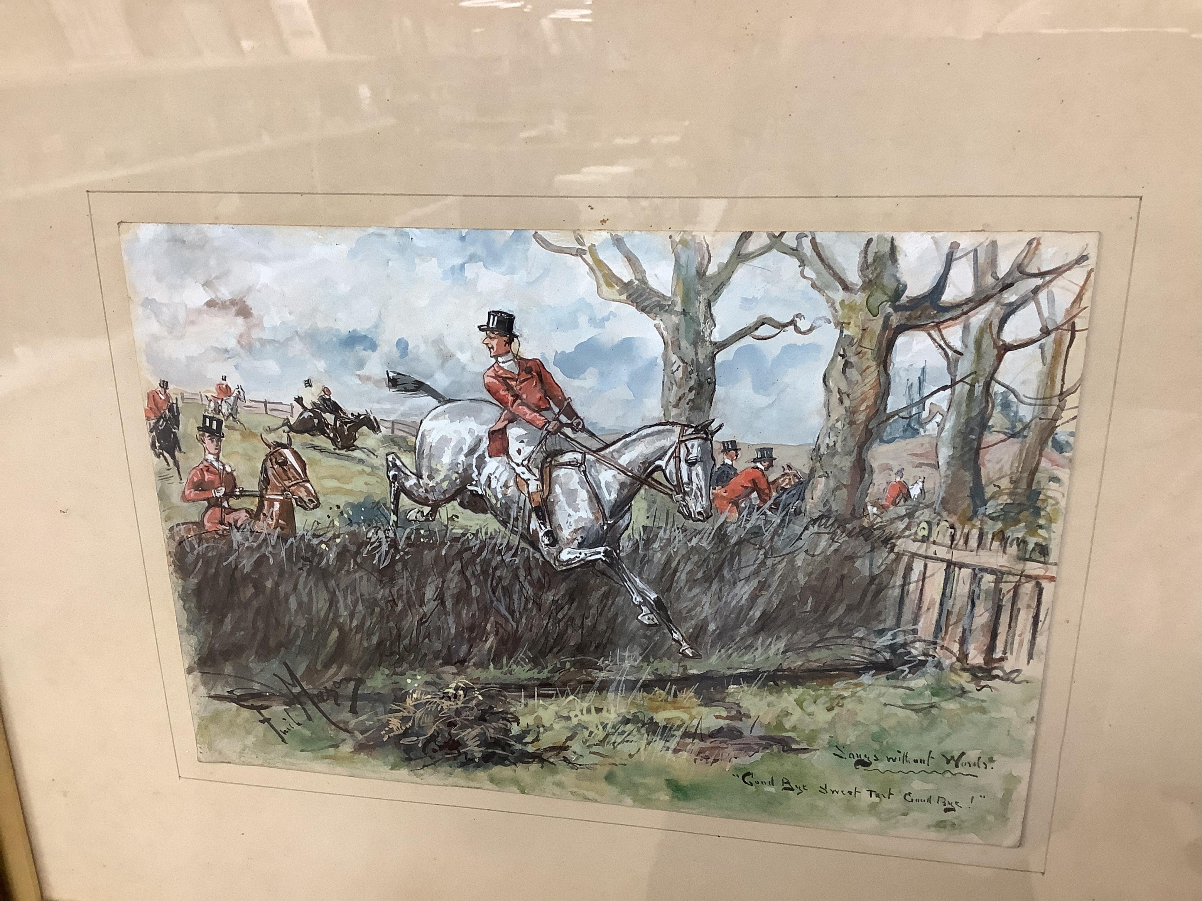 George Finch Mason (1850-1915), three hunting interest watercolours heightened with white, to include: 'Fiend in top boots' and 'Goodbye sweet tart goodbye!', each signed, largest 25 x 36cm